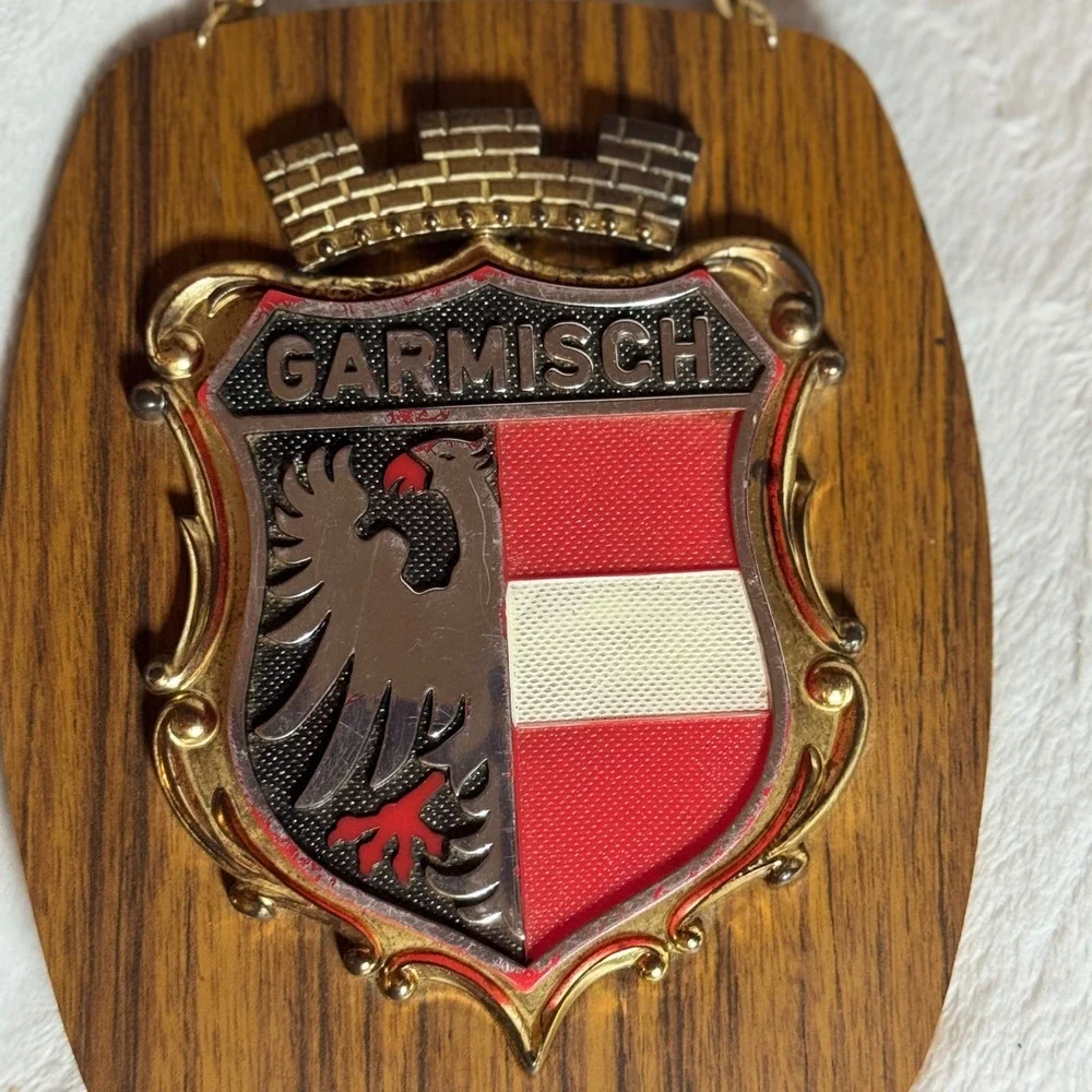 Garmisch (Germany) Wall Hanging Plaque Shield Crest on Wood Base 1970s Vintage